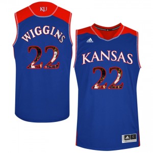with Player Pictorial Men's Royal NCAA Basketball #22 Andrew Wiggins Kansas Jayhawks Jersey